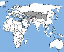 Asian hedgehogs are native to the areas shown in grey. Image via Wikimedia Commons.